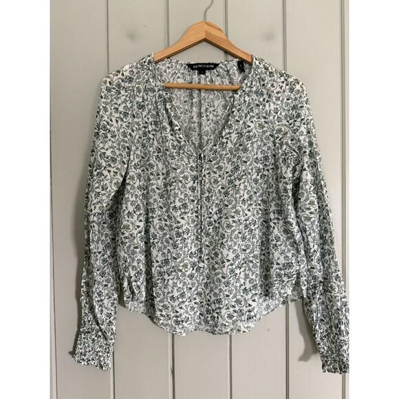 Veronica Beard Layana Top XS Multi Floral Long-Sleeve Green Boho V-Neck Tie Neck - Picture 1 of 7